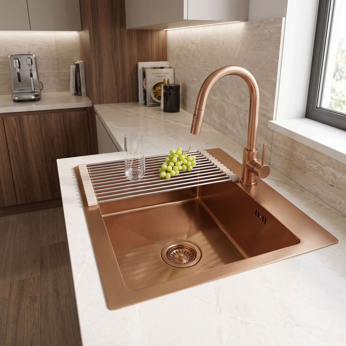 Stahlspüle Mit 3-teiligem Zubehörset REA Leo 50 Brush Copper Graue Accessoires 8