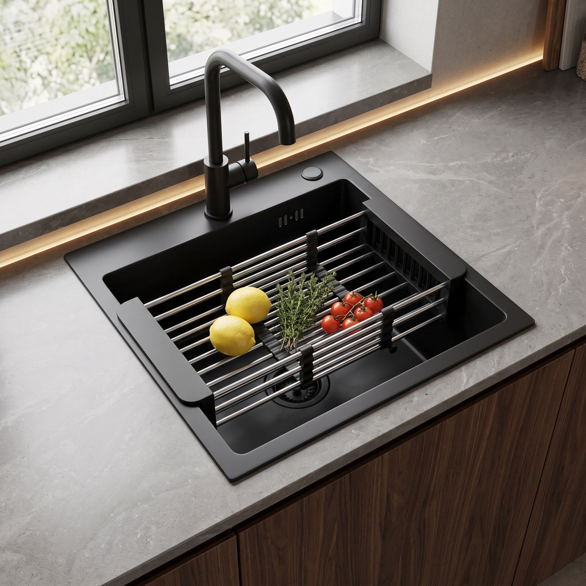 Stahlspüle Mit 3-teiligem Zubehörset REA Leo 40 Black Beige Accessoires 2