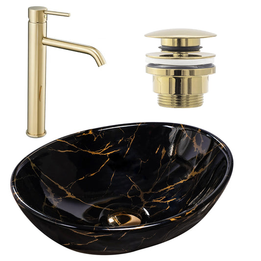 Set Aufsatzwaschbecken Sofia marble black + Waschbeckenarmatur Lungo gold + Stöpsel gold  1