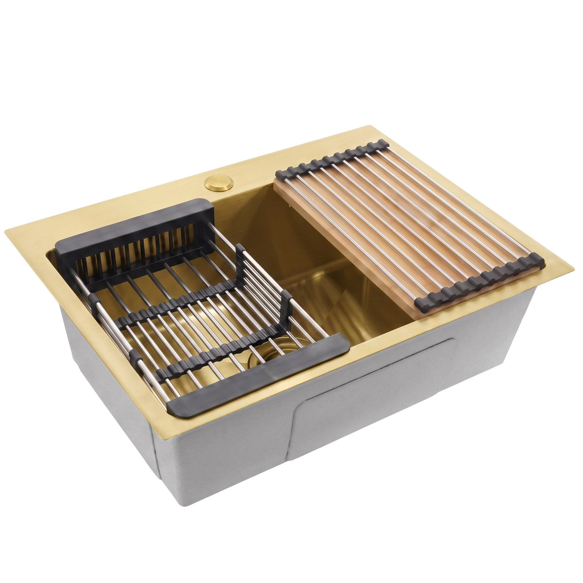 Stahlspüle Mit 3-teiligem Zubehörset REA Liam Brush Gold Graue Accessoires 10