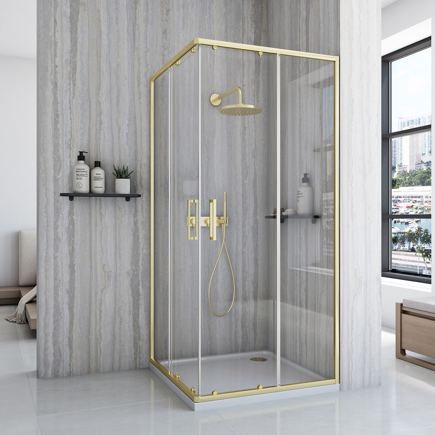 Duschkabine Rea City 80x80 Gold Brush mit Duschwanne Savoy Schwarz 2