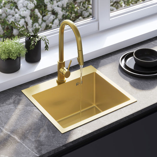 Edelstahlspüle Leo 50 BRUSH GOLD mit Küchenarmatur 1
