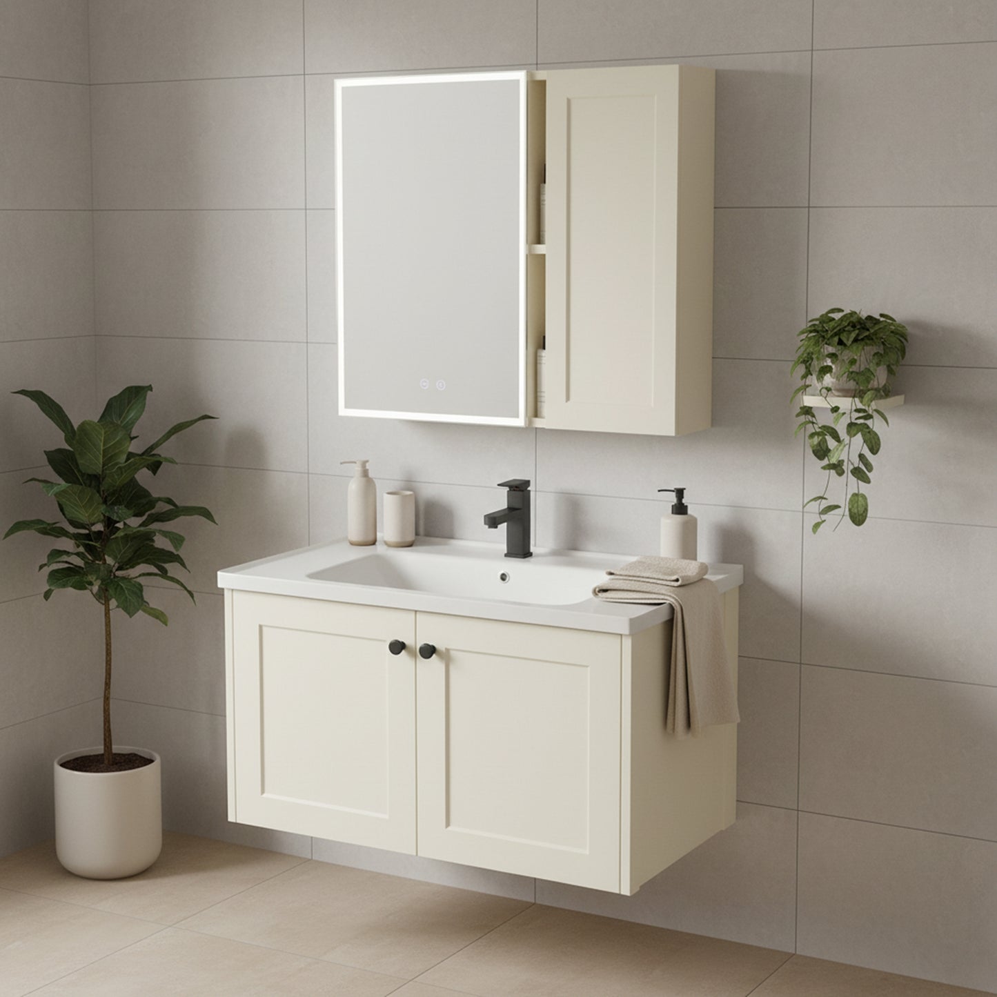 Badezimmermöbel-Set mit Waschbecken Monti 60cm Creme  3