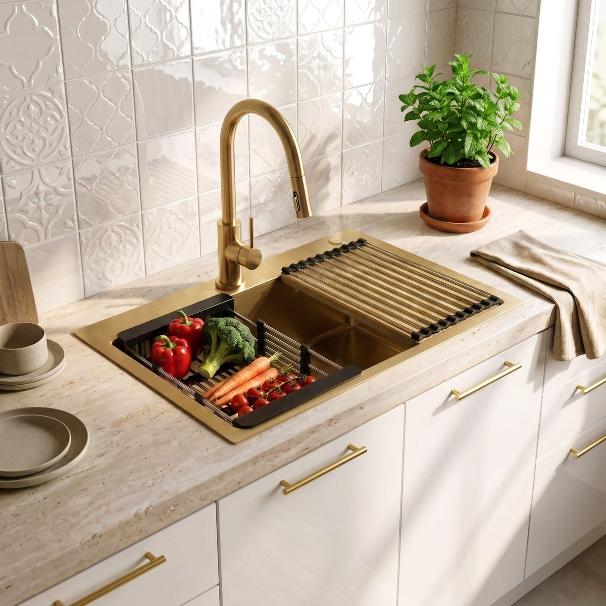 Stahlspüle Mit 3-teiligem Zubehörset REA Liam Brush Gold 4