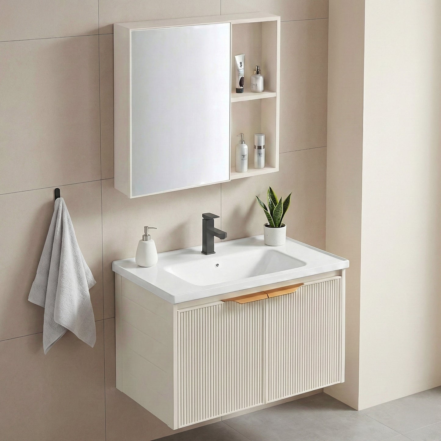 Badezimmermöbel-Set mit Waschbecken Mario 60cm Beige  3